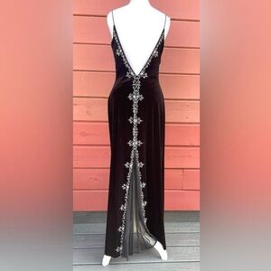 Velvet backless black Maxi Dress with rhinestones and beads